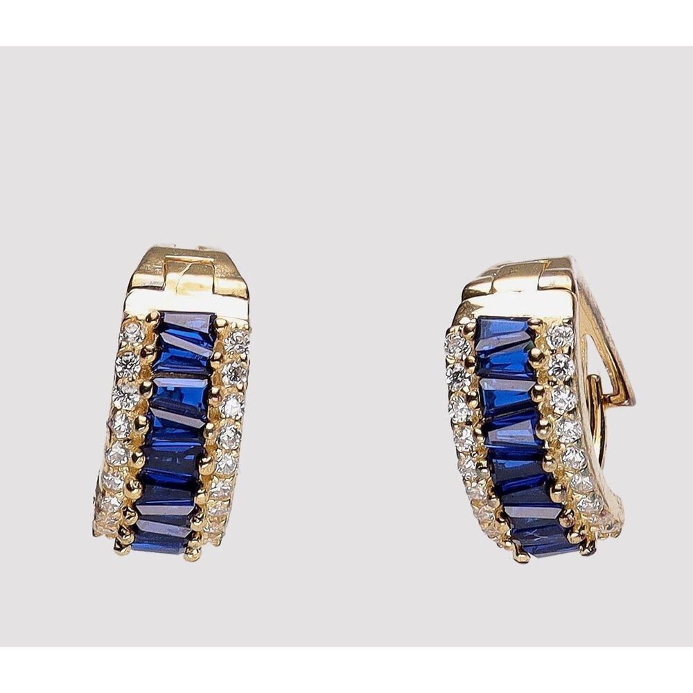 NIB 18K Gold over 925 SS Vermeil Harper Grace Hoop Earrings w/ Blue Glass